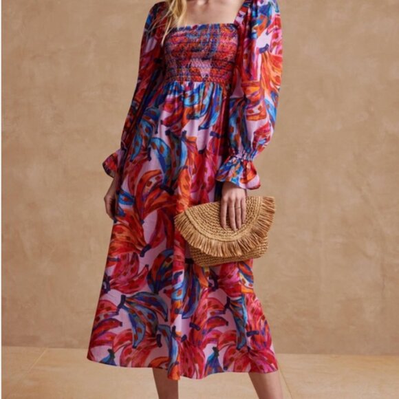 FARM RIO Colored Bananas Smocked Midi-Dress Tropical Resort Medium Cotton - Picture 1 of 7